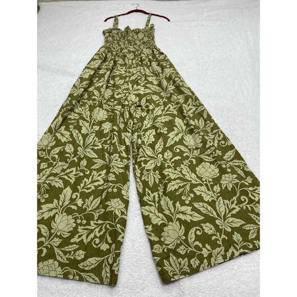 Anthropologie Pilcro Jumpsuit Linen Women Green Floral Smocked Boho Large NWT - Picture 2 of 13